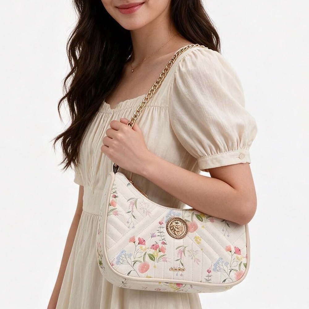 Aldo Shoulder Bag Womens Small Floral Quilted Cream Lion Medallion Good